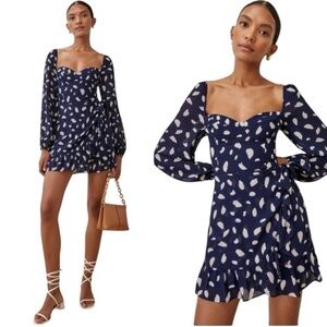 Reformation Navy Blue Splatter Printed Long-Sleeve Mini Dress Cammi